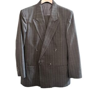 John Henry Double Breasted Suit Gray Plaid Wool Blend Pleated Pants 40R/34x29